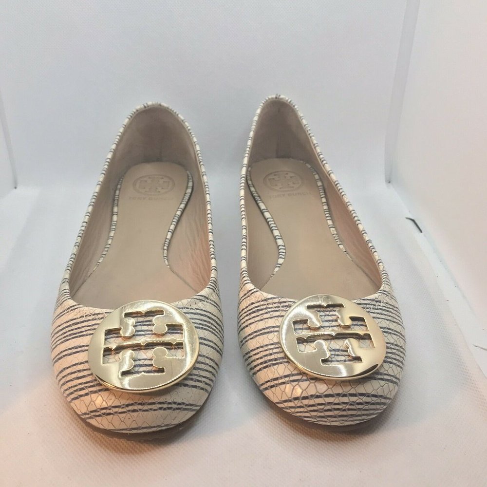 Tory Burch REVA Creme Printed Piano Stripe Blue Gold Logo Ballet Flat Shoe 8M